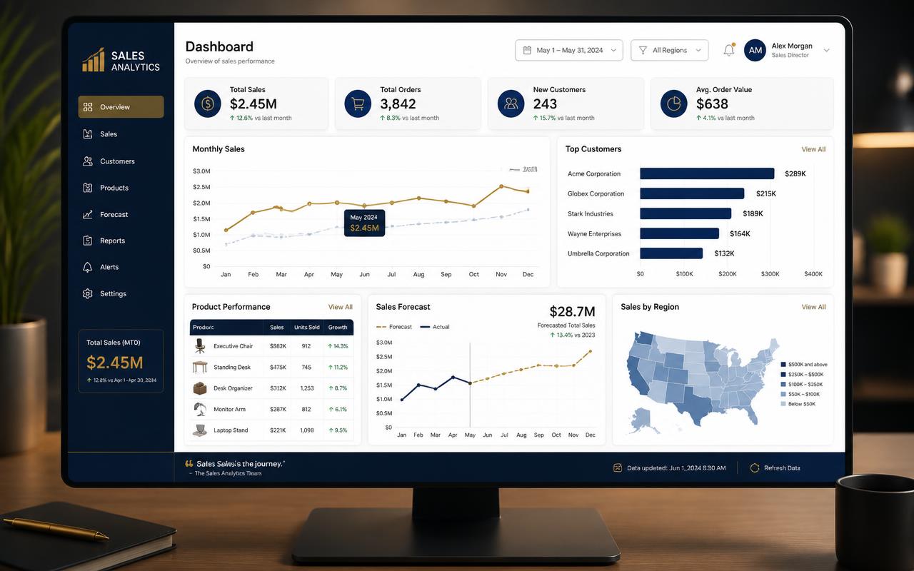 Power BI sales analytics dashboard showing revenue trends, top customers, and product performance